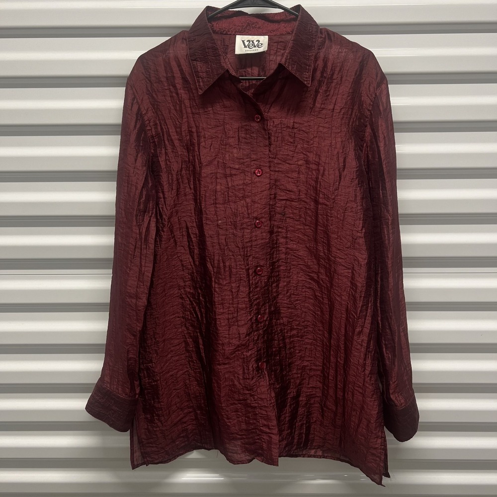 VeVe Dresses Size 12 Womens Burgundy Crinkle Textured Button Up Shirt Blouse USA — photo 2